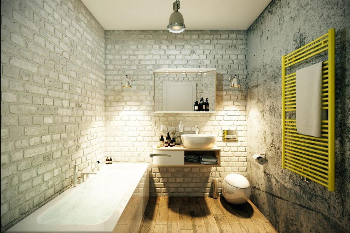 Кирпичная стена в интерьере ванной комнаты - как оформить