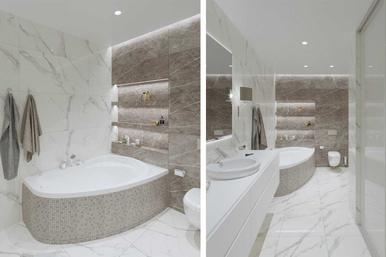 Дизайн ванной комнаты с угловой ванной 2023 года — и душевой кабиной, совмещенной с туалетом и стиральной машиной, современные идеи, фото