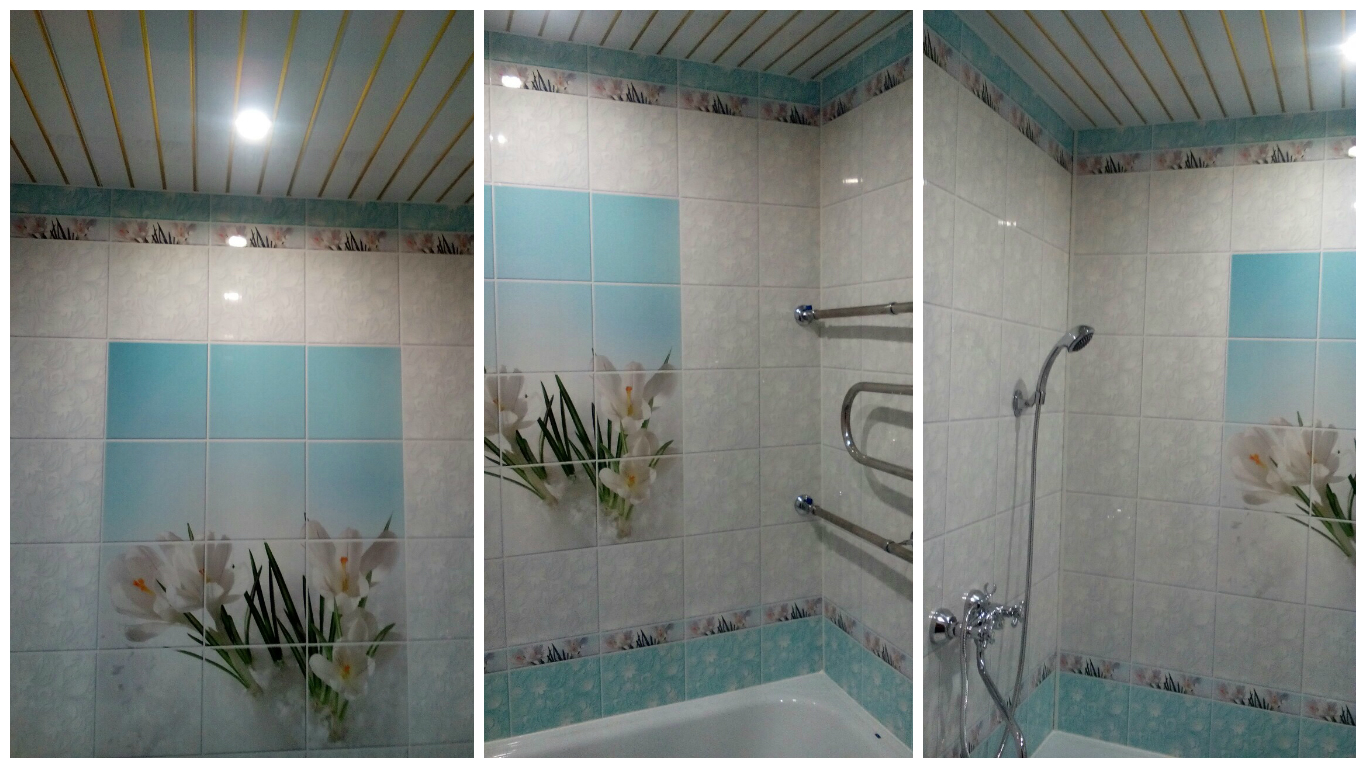 Делали косметический ремонт в ванной и обшили стены широкими панелями ПВХ с рисунком.