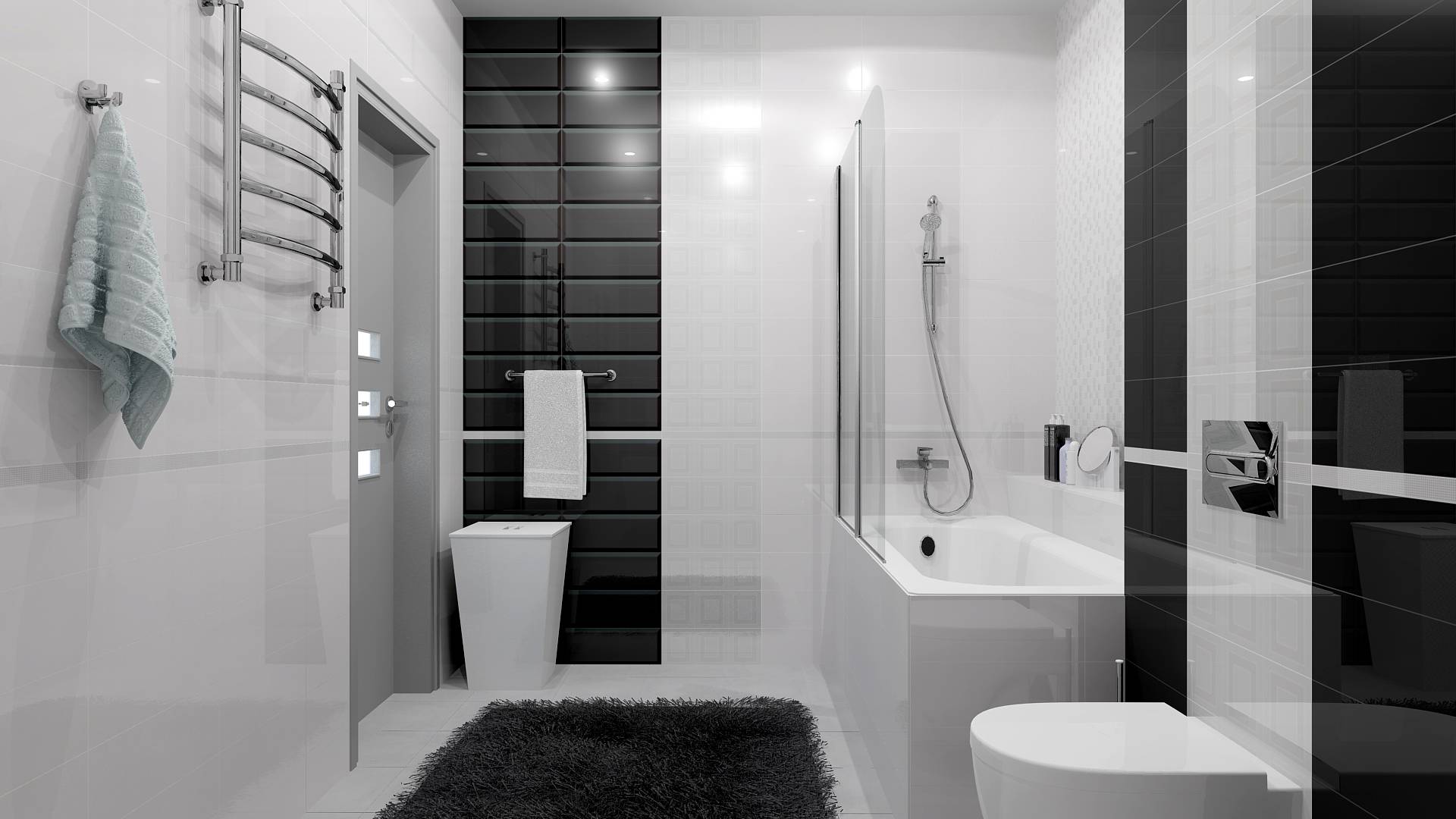Черно белая ванная комната: дизайн, плитка в черных и белых тонах
 - 15 фото