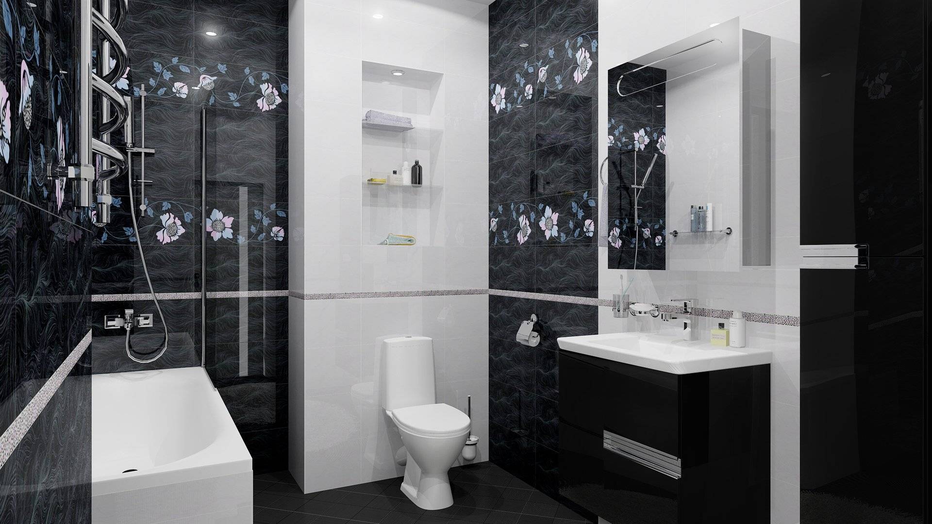 Черно-белая плитка в ванной: фото дизайна с черно-белым кафелем в декоре для большой и маленькой площади