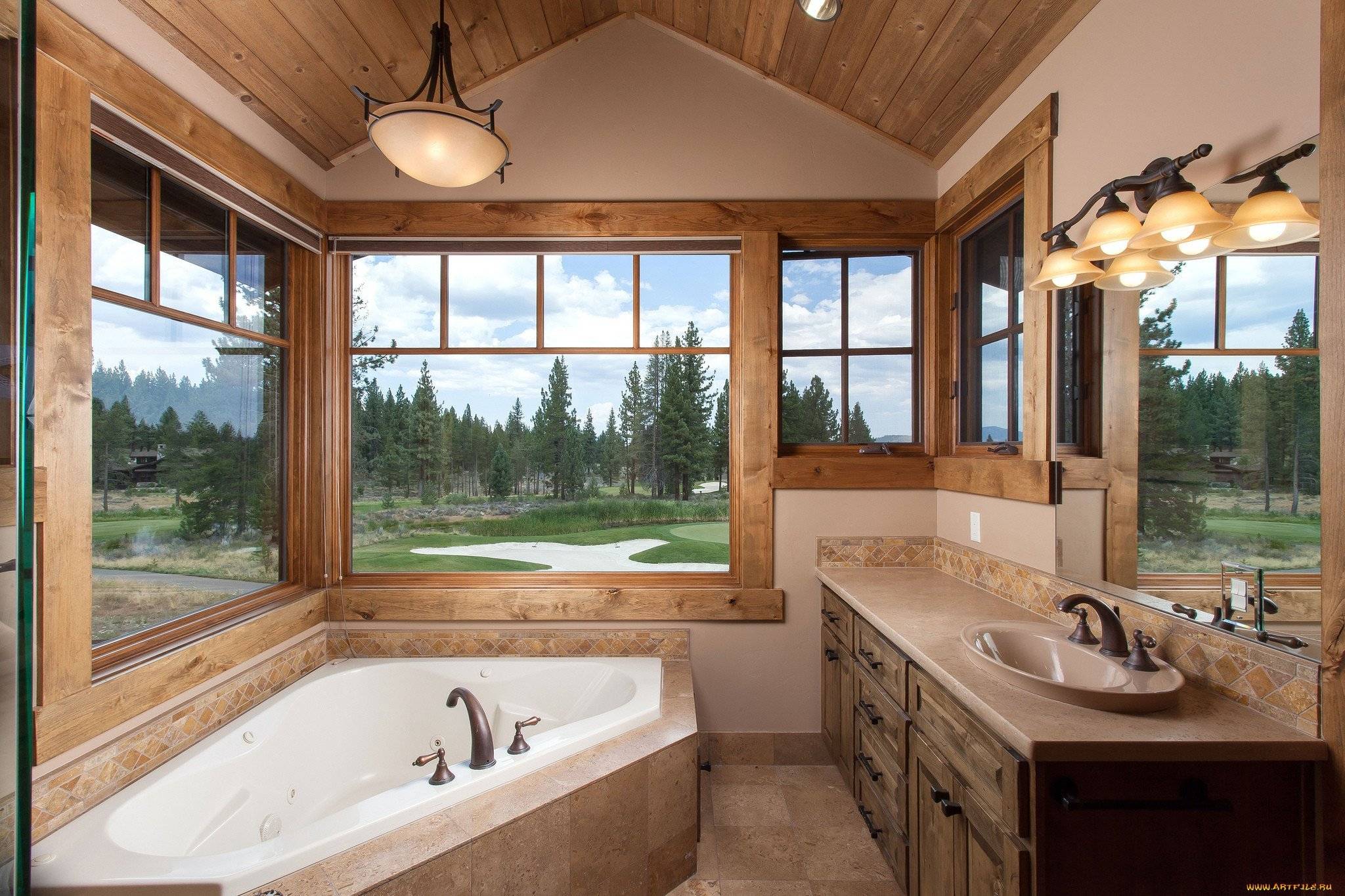 Окно в ванной комнате, дизайн - имитация и отделка окна на даче