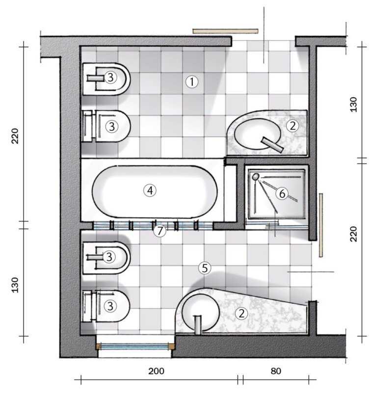 Оптимальная планировка ванной комнаты совмещенной с туалетом